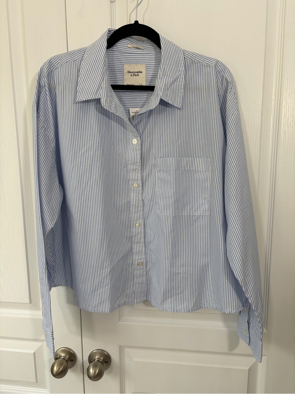 Abercrombie & Fitch Light Blue and White Striped Cropped Button Down | Large